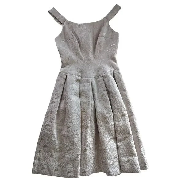Teri Jon by Rickie Freedman Metallic Jacquard Pleated Cocktail Midi Dress Size 2 - Picture 2 of 13